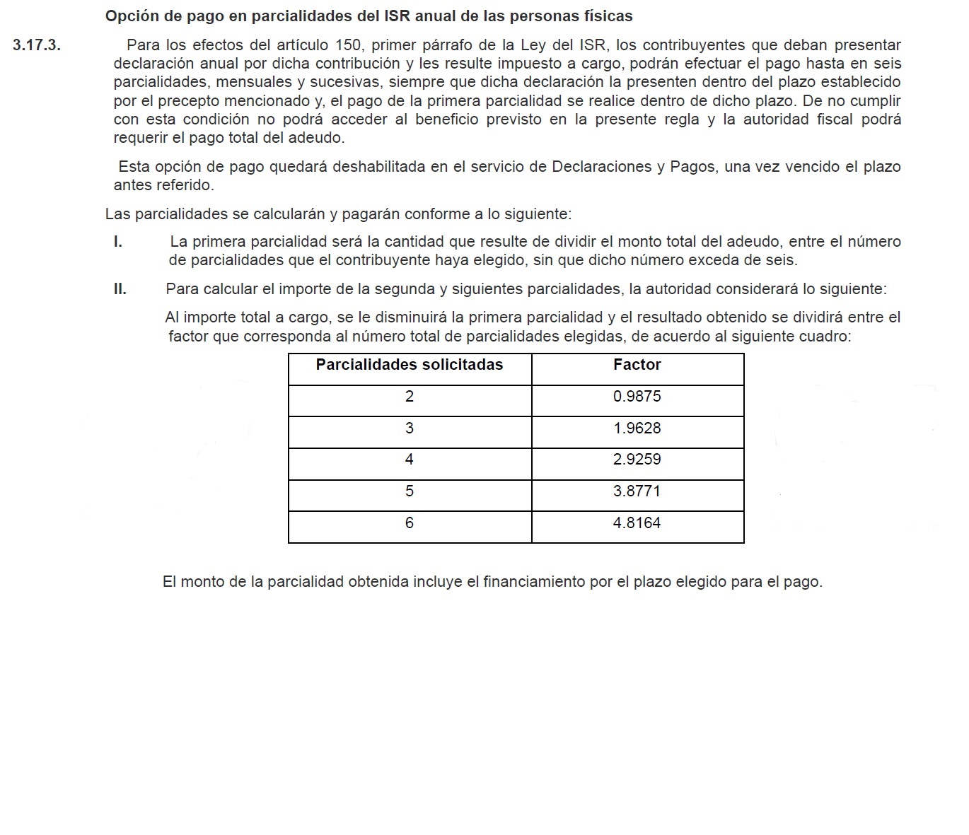 Factores para parcialidades de ISR Anual 2020 PF